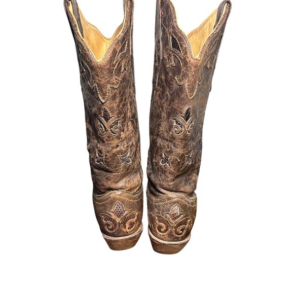 Corral Cowboy Boots Brown Exotic Goat Lizard Inlay Leather Pointed Snip Toe 8.5M - Picture 12 of 15